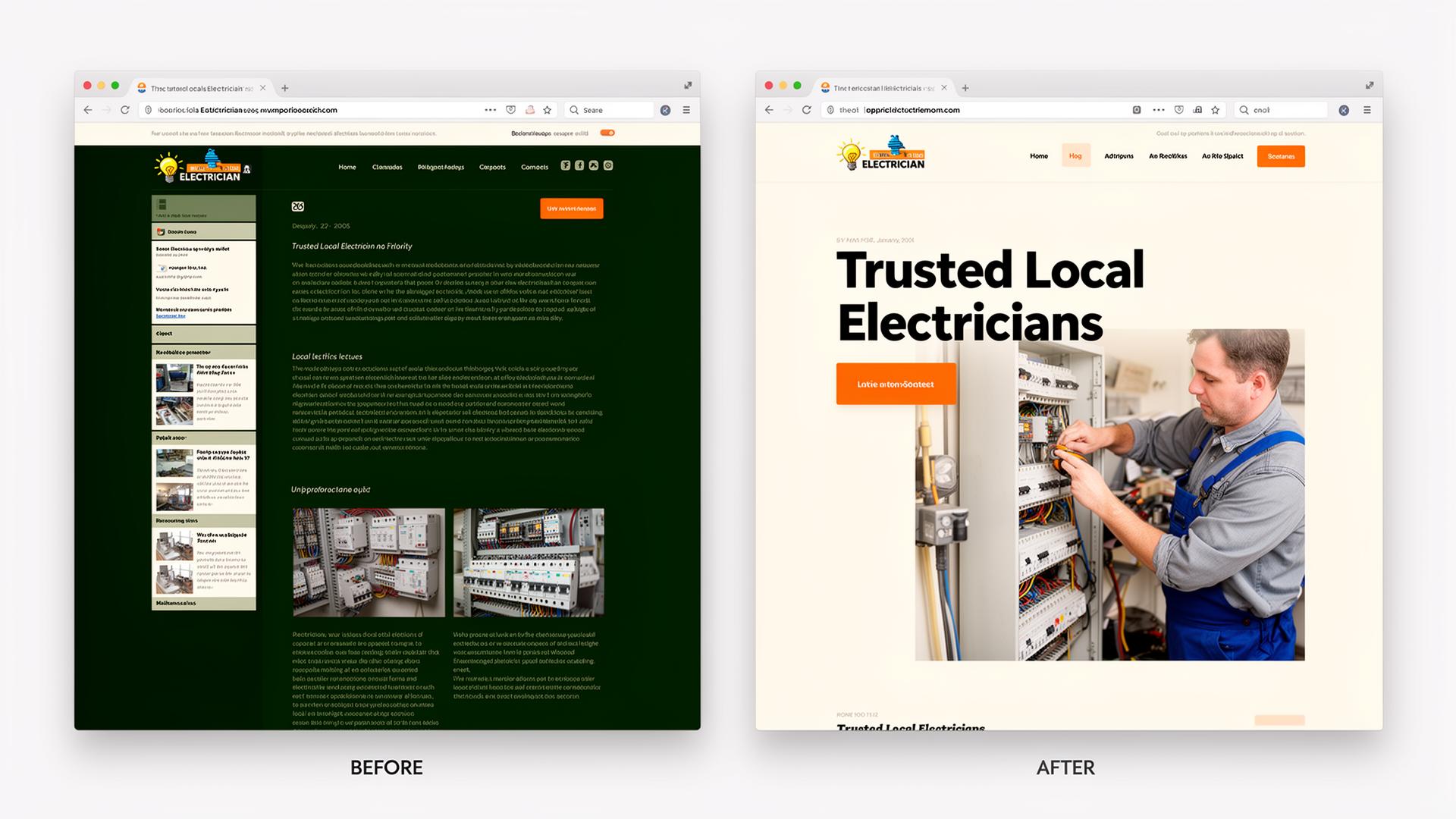 Before and after website redesign for a local electrician