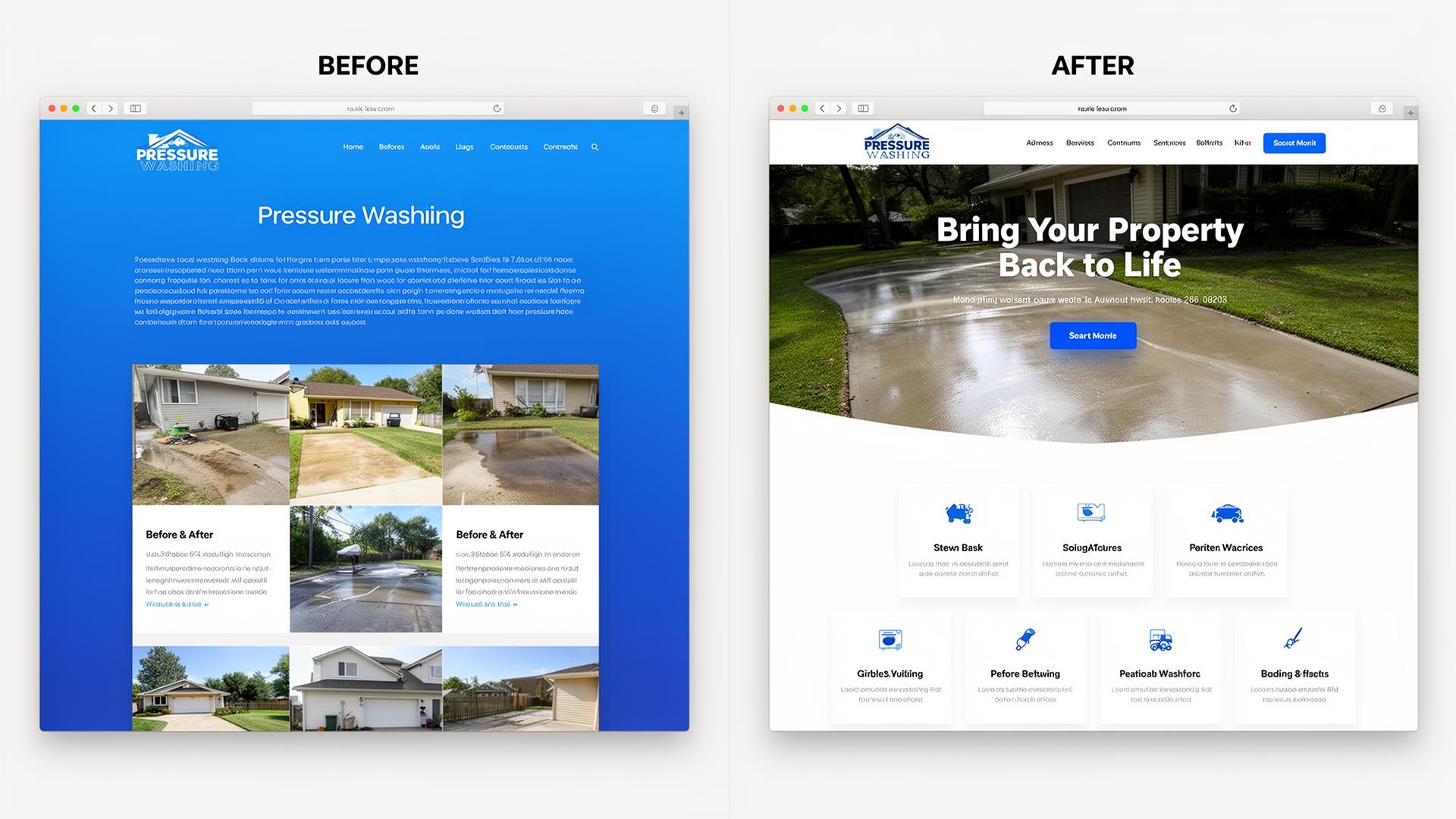 Before and after website redesign for Pressure Washing
