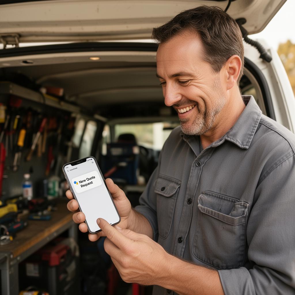 A local business owner reading a new quote request on his phone
